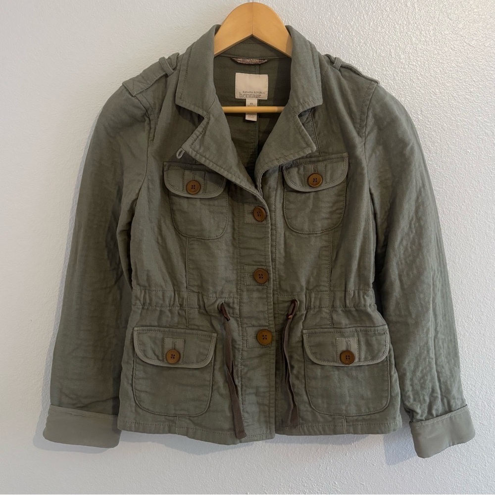 Banana Republic Heritage Olive Green Utility Safari Crinkle Jacket Silk Trim XS - Picture 3 of 15